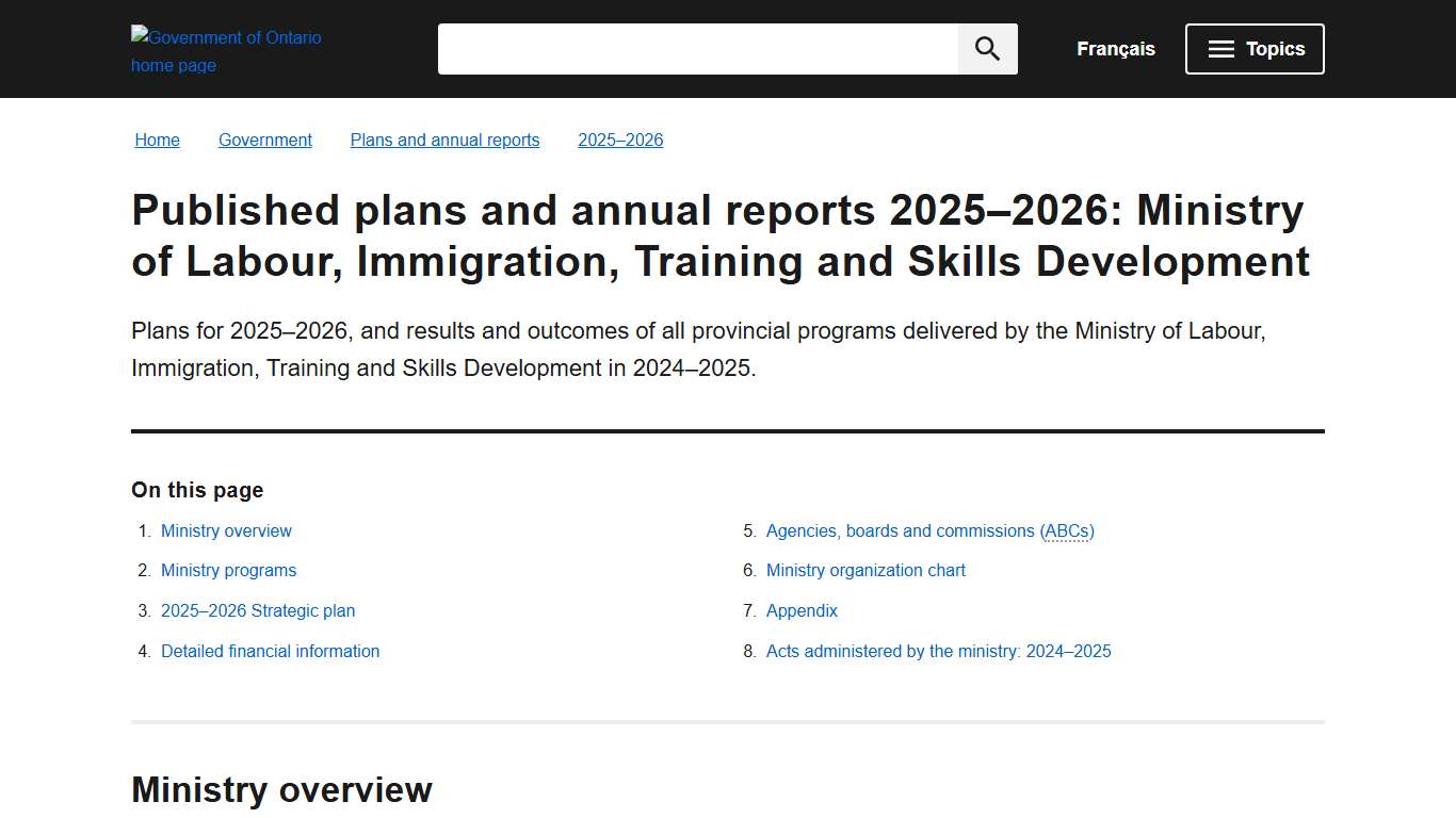 Published plans and annual reports 2025–2026: Ministry of Labour, Immigration, Training and Skills Development ontario.ca